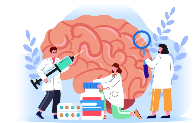 医护人员围绕脑部模型进行卒中相关检查的医学插画